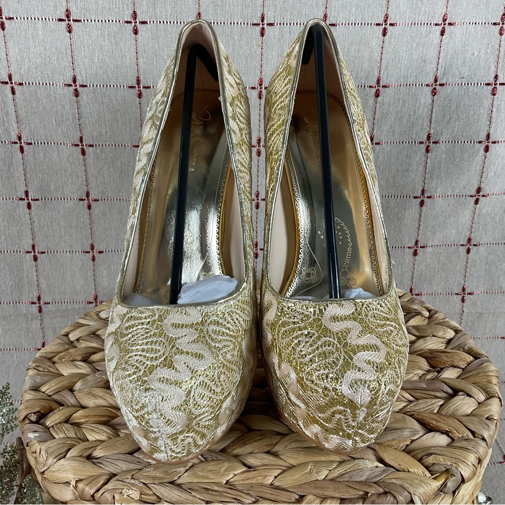LaSonia Golden Glitter Ribbons Ultra High Platform Stilettos New Sz 7 Heels - Picture 3 of 7